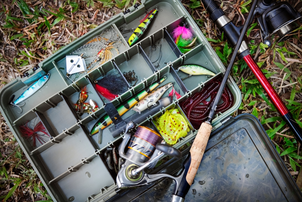 Aerial view of tackle box on the ground